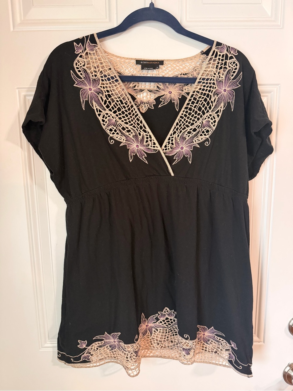 BCBGMaxAzria Black Tunic with Cream Crochet and Purple Floral Embroidery